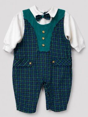 Vintage Beyond Basics Kids Plaid Romper 6-9M Bow Tie One Piece Cottagecore VTG